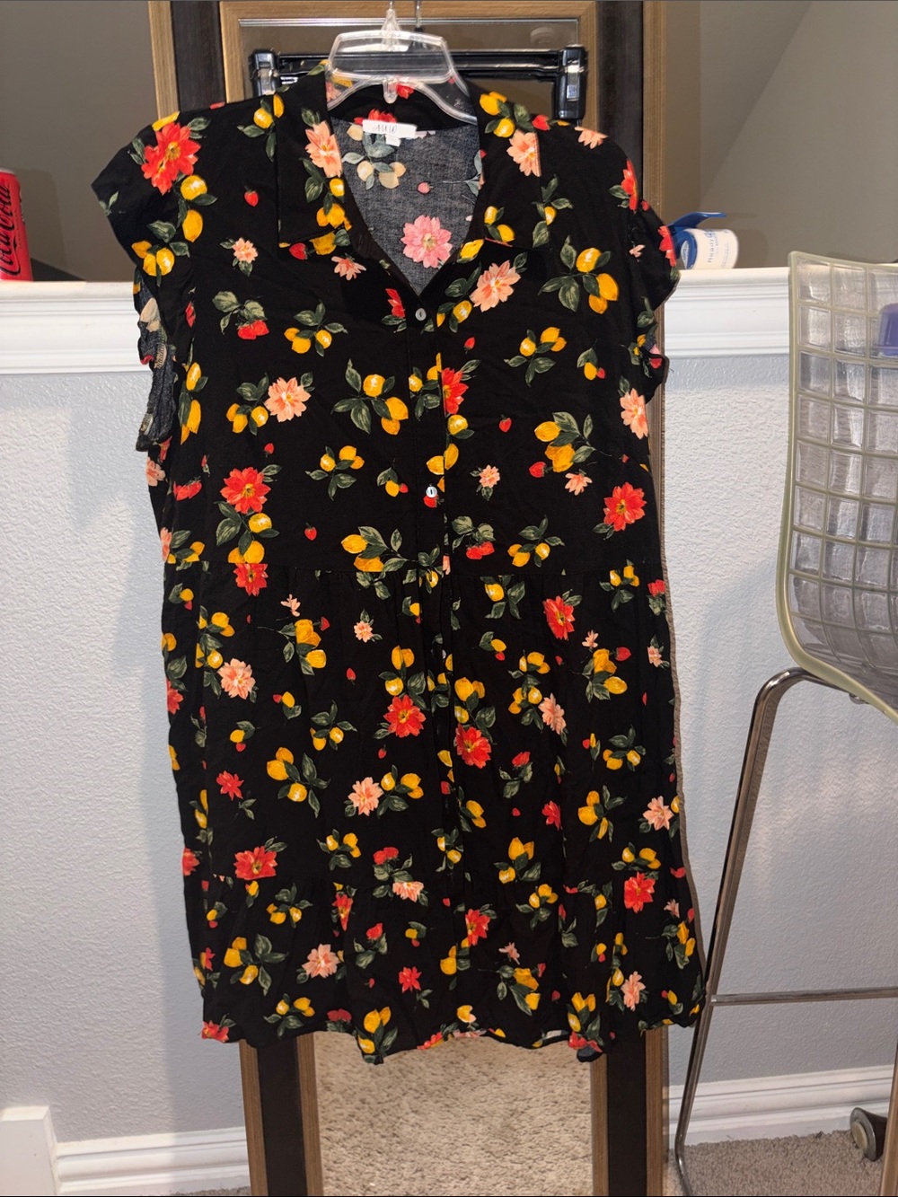 AUW Black Mini Dress with Pink, Red & Yellow Floral Print
